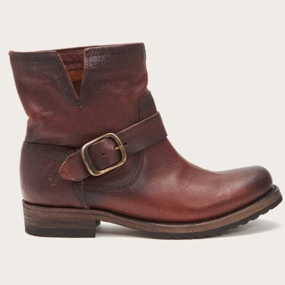 Frye Veronica Leather Ankle Biker Boots Bootie Shoes Womens 6.5B Redwood Brown